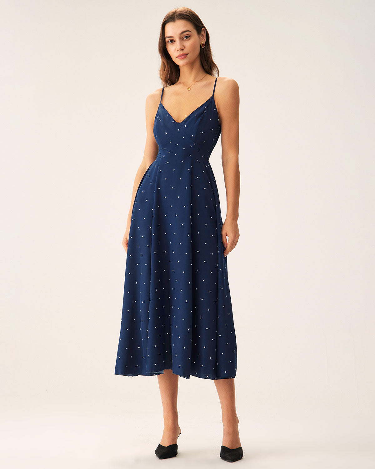 Navy Polka Dot Shirred Slip Midi Dress - Threadford