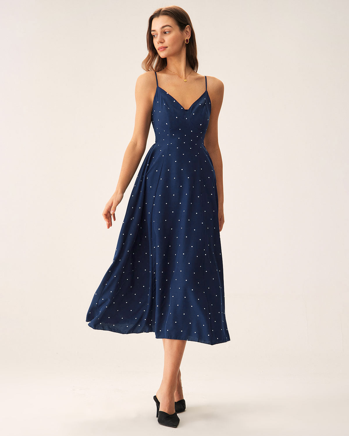 Navy Polka Dot Shirred Slip Midi Dress - Threadford