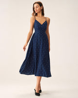 Navy Polka Dot Shirred Slip Midi Dress - Threadford