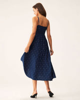 Navy Polka Dot Shirred Slip Midi Dress - Threadford