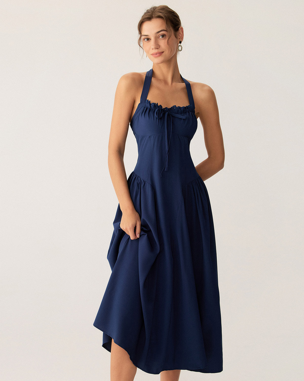 Navy Ruched Halter Midi Dress - Threadford
