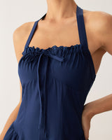 Navy Ruched Halter Midi Dress - Threadford