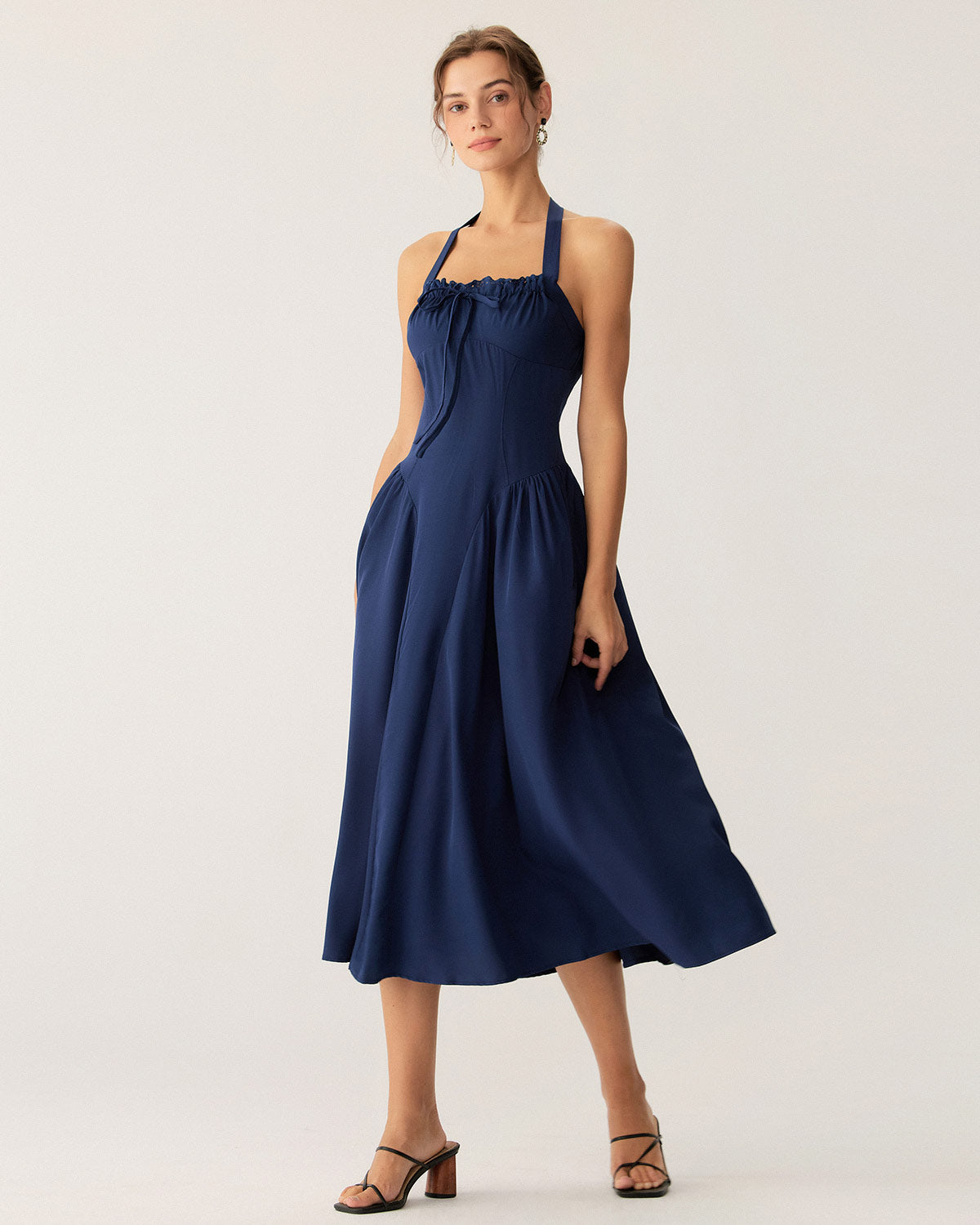 Navy Ruched Halter Midi Dress - Threadford
