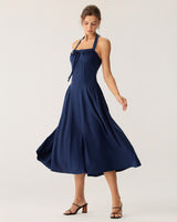 Navy Ruched Halter Midi Dress - Threadford