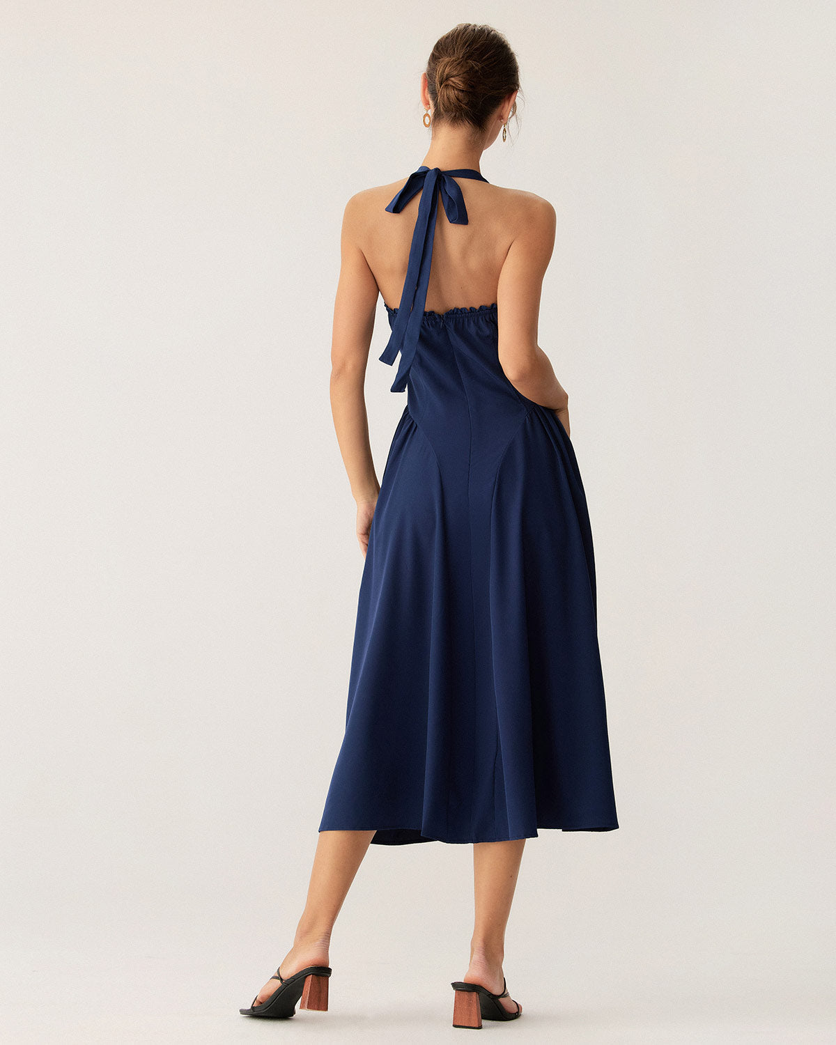 Navy Ruched Halter Midi Dress - Threadford