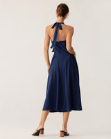 Navy Ruched Halter Midi Dress - Threadford