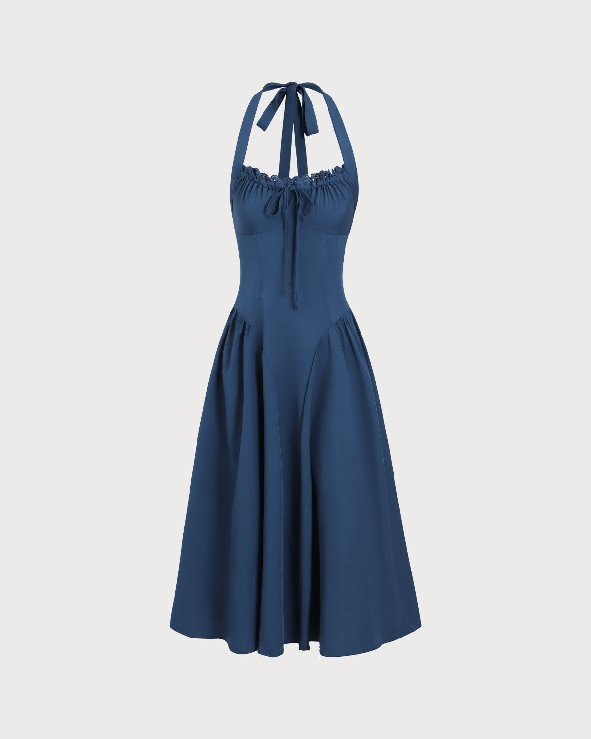 Navy Ruched Halter Midi Dress - Threadford