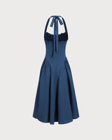 Navy Ruched Halter Midi Dress - Threadford