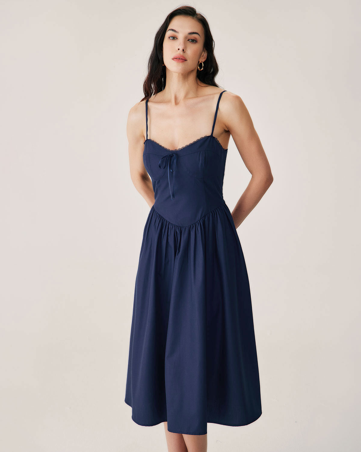 Navy Shirred Slip Midi Dress - Threadford
