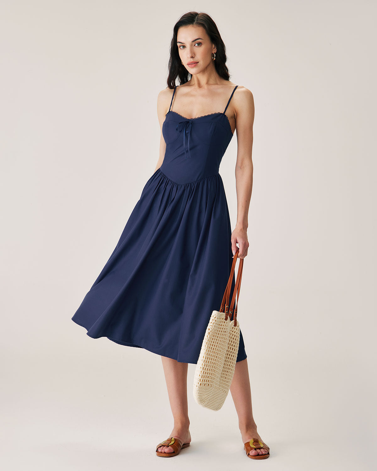 Navy Shirred Slip Midi Dress - Threadford