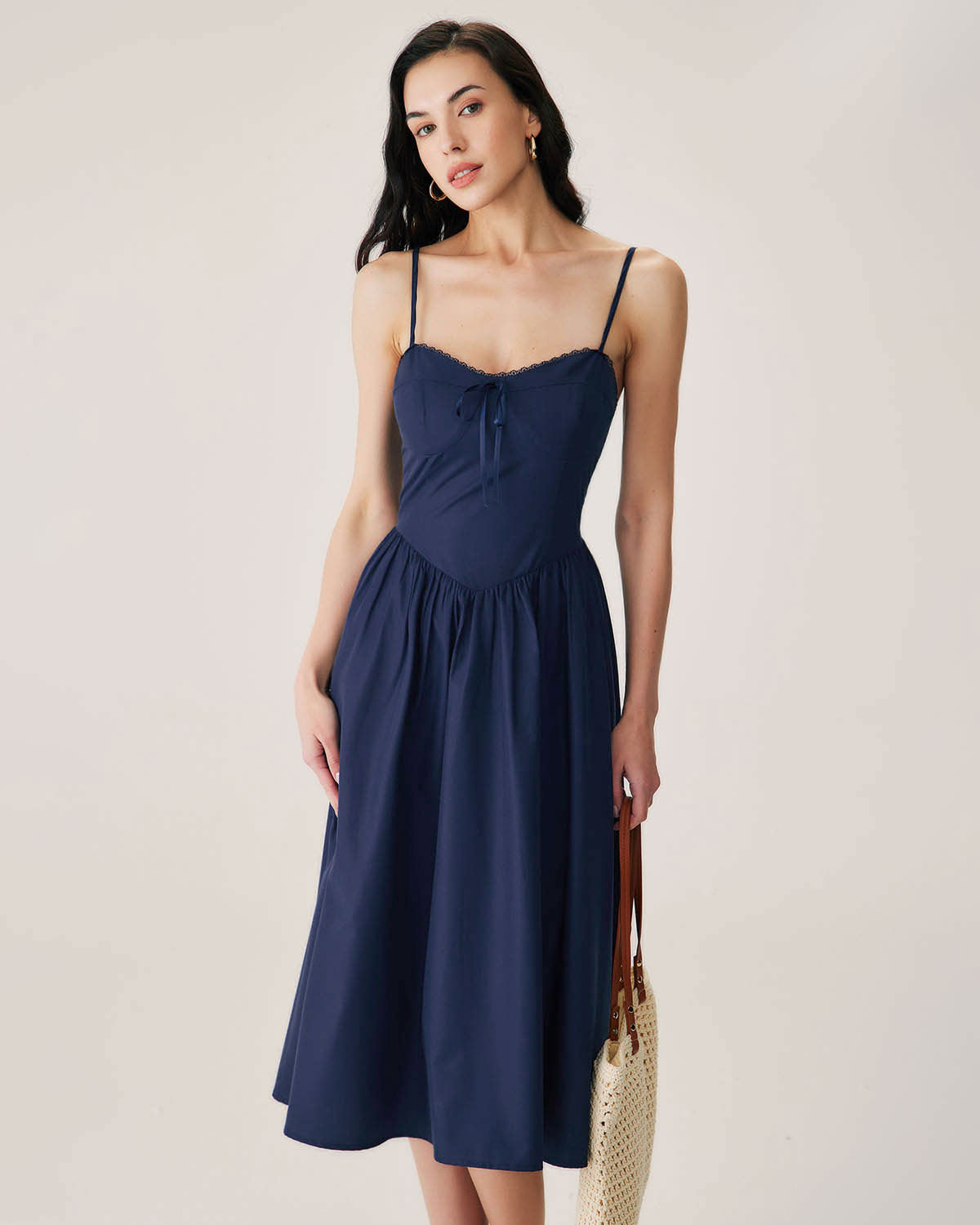 Navy Shirred Slip Midi Dress - Threadford