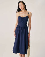 Navy Shirred Slip Midi Dress - Threadford