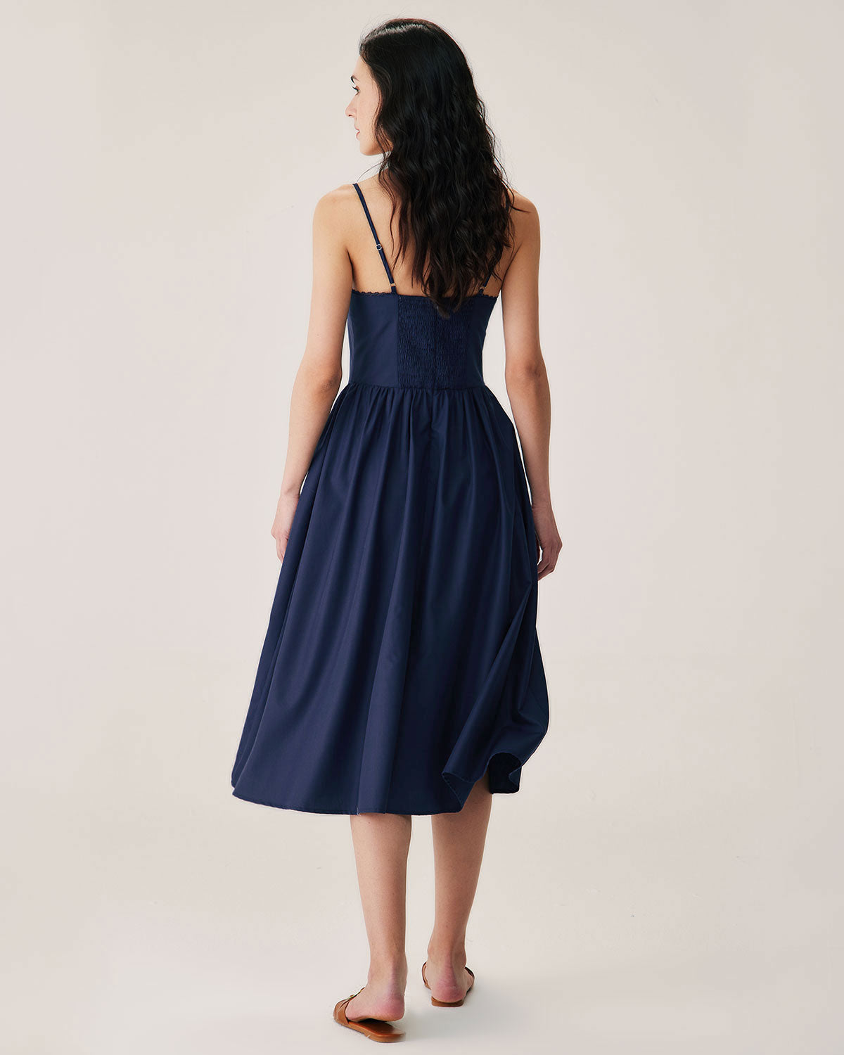 Navy Shirred Slip Midi Dress - Threadford