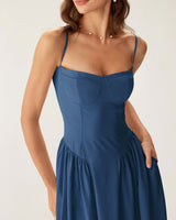 Navy Square Neck Pocket Slip Midi Dress - Threadford