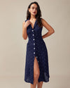 Navy V Neck Polka Dot Tie Back Midi Dress - Threadford