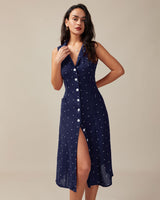 Navy V Neck Polka Dot Tie Back Midi Dress - Threadford