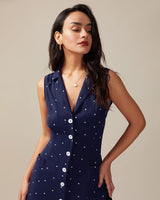 Navy V Neck Polka Dot Tie Back Midi Dress - Threadford