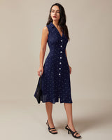 Navy V Neck Polka Dot Tie Back Midi Dress - Threadford