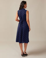 Navy V Neck Polka Dot Tie Back Midi Dress - Threadford