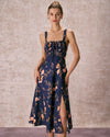 The Navy Lace Up Floral Ruched Midi Dress - Threadford