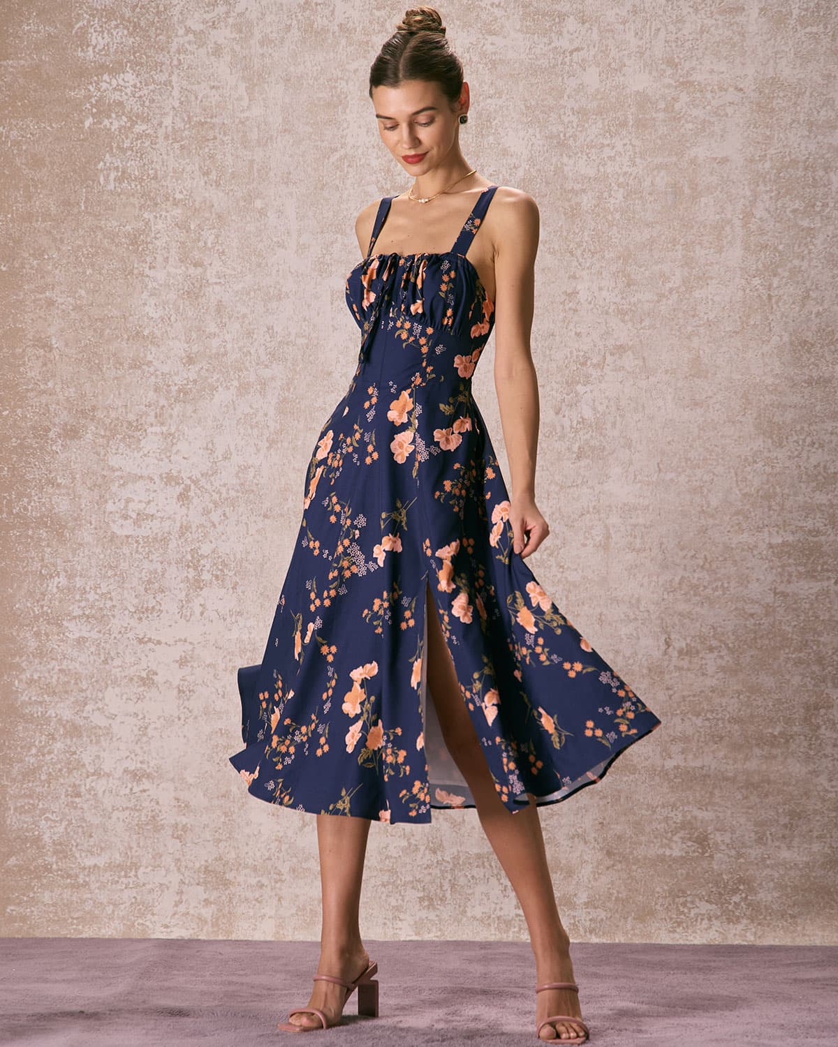 The Navy Lace Up Floral Ruched Midi Dress - Threadford