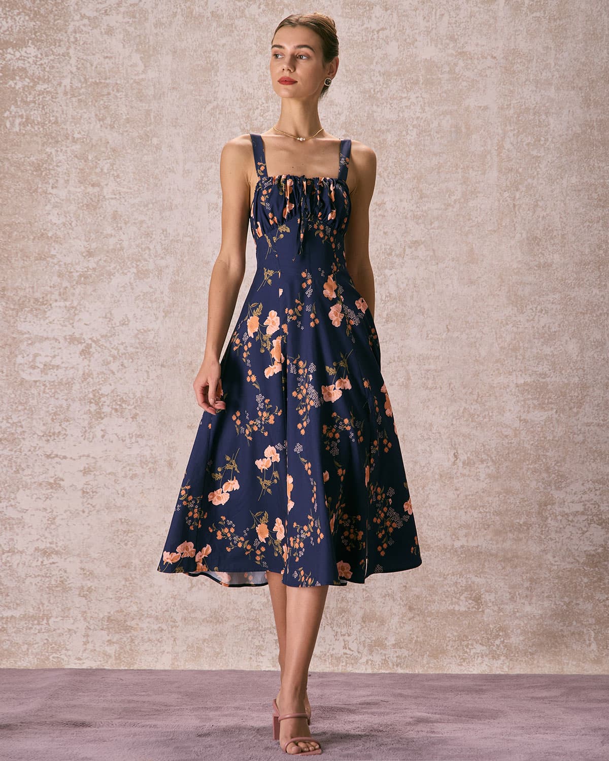 The Navy Lace Up Floral Ruched Midi Dress - Threadford