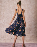 The Navy Lace Up Floral Ruched Midi Dress - Threadford