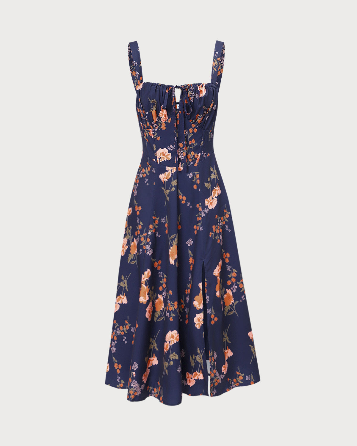 The Navy Lace Up Floral Ruched Midi Dress - Threadford