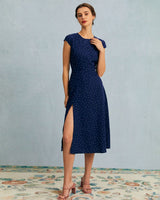 The Navy Round Neck Polka Dot Cutout Midi Dress - Threadford