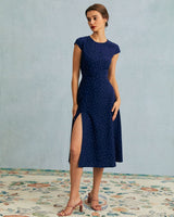 The Navy Round Neck Polka Dot Cutout Midi Dress - Threadford