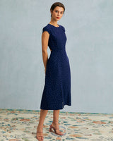 The Navy Round Neck Polka Dot Cutout Midi Dress - Threadford