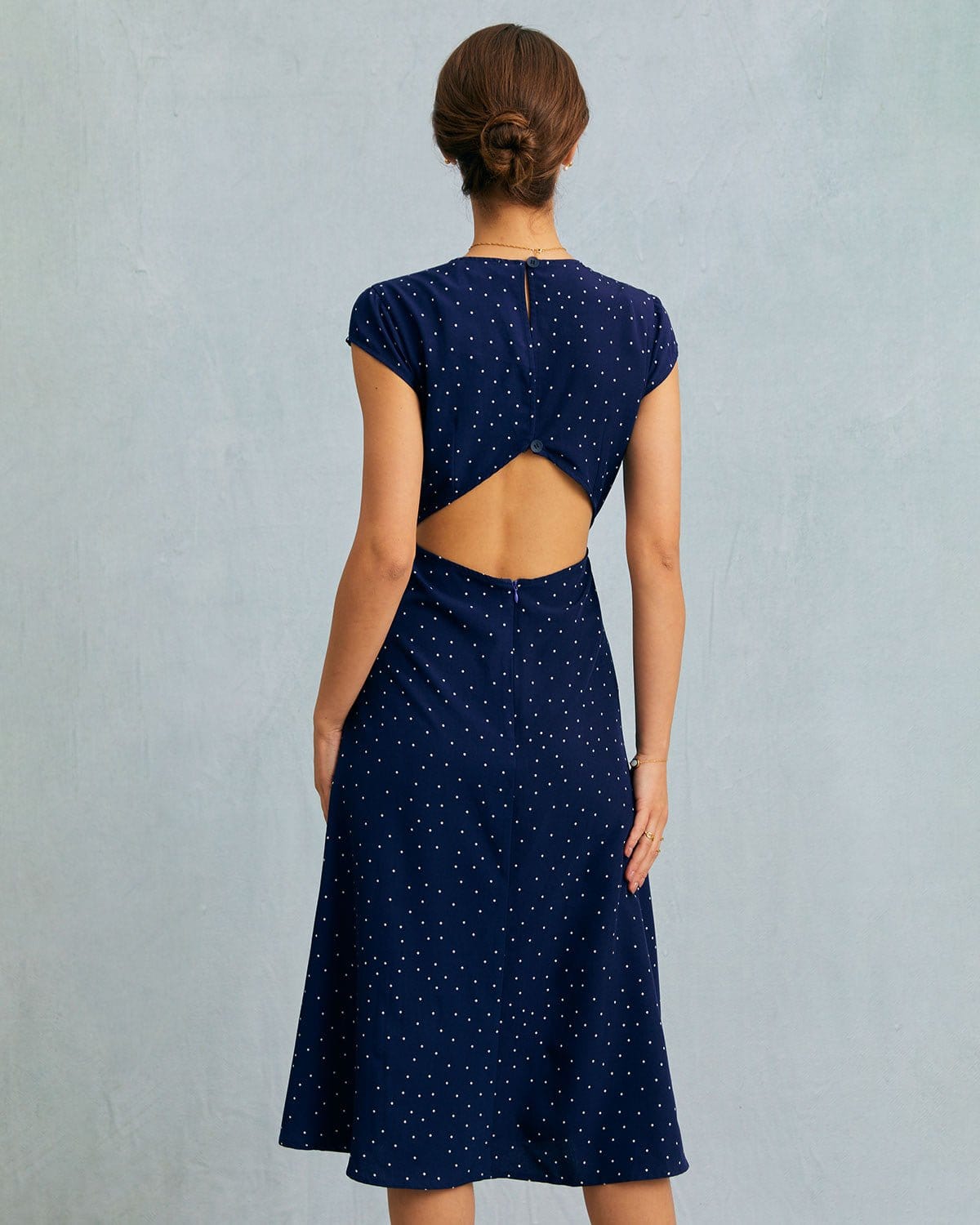 The Navy Round Neck Polka Dot Cutout Midi Dress - Threadford