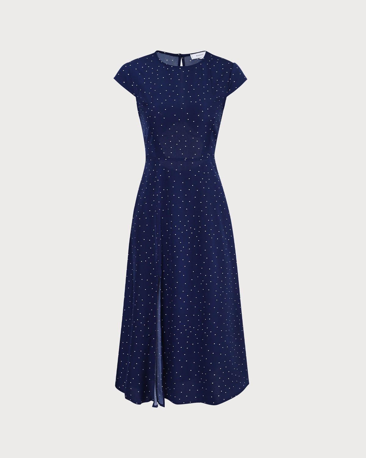 The Navy Round Neck Polka Dot Cutout Midi Dress - Threadford