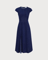 The Navy Round Neck Polka Dot Cutout Midi Dress - Threadford