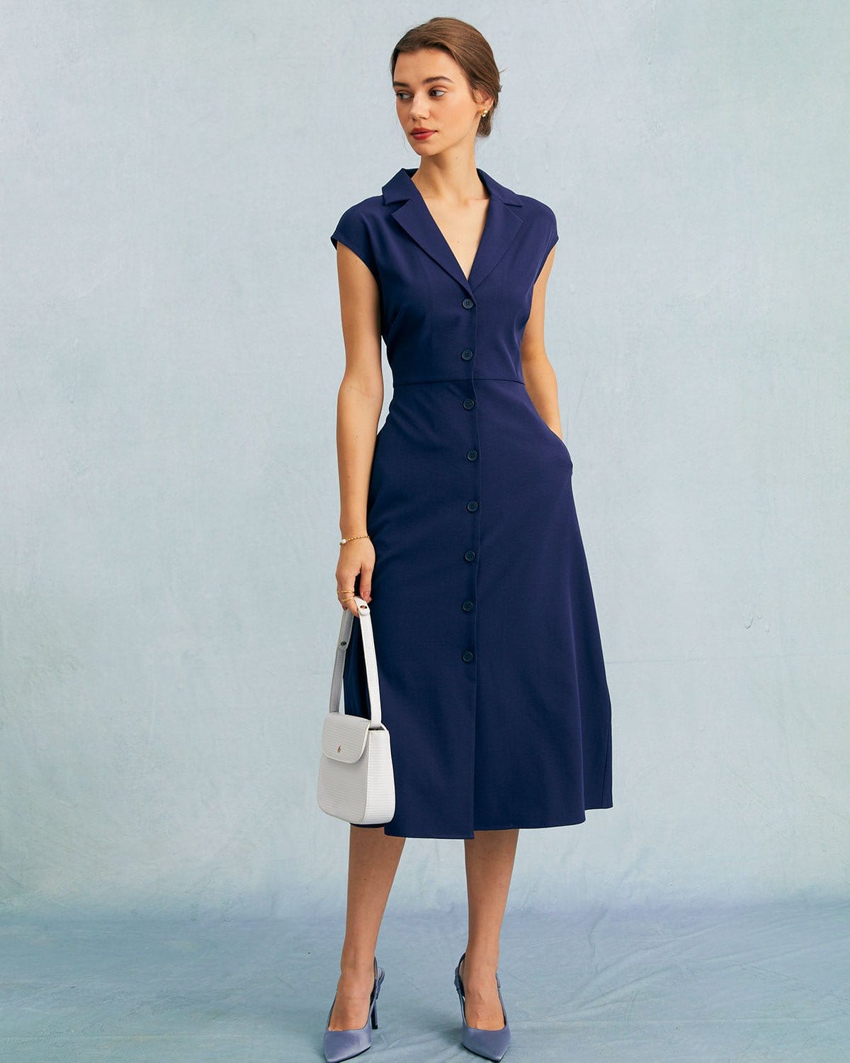 The Navy V Neck Button Cap Sleeve Midi Dress - Threadford