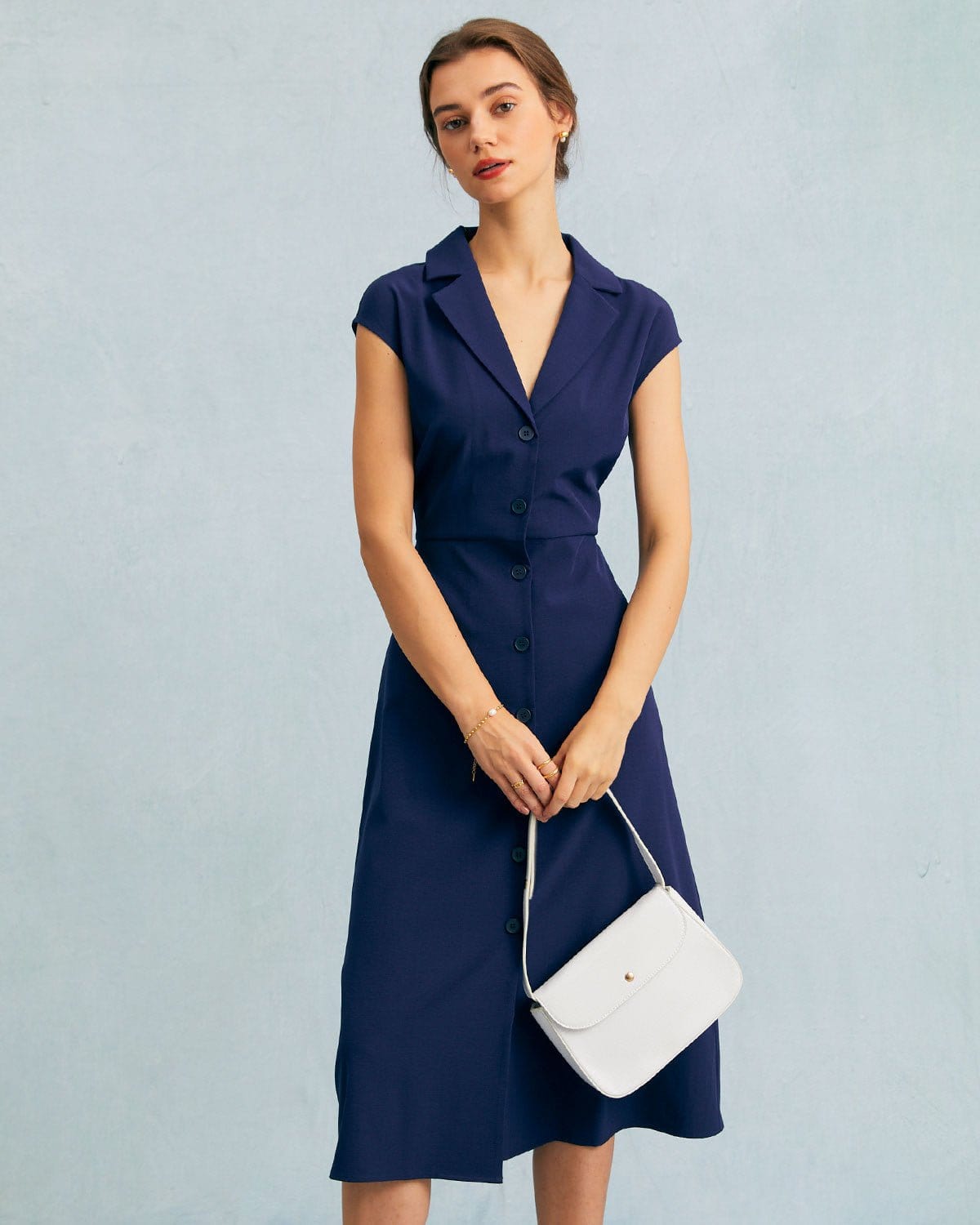 The Navy V Neck Button Cap Sleeve Midi Dress - Threadford