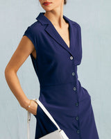 The Navy V Neck Button Cap Sleeve Midi Dress - Threadford