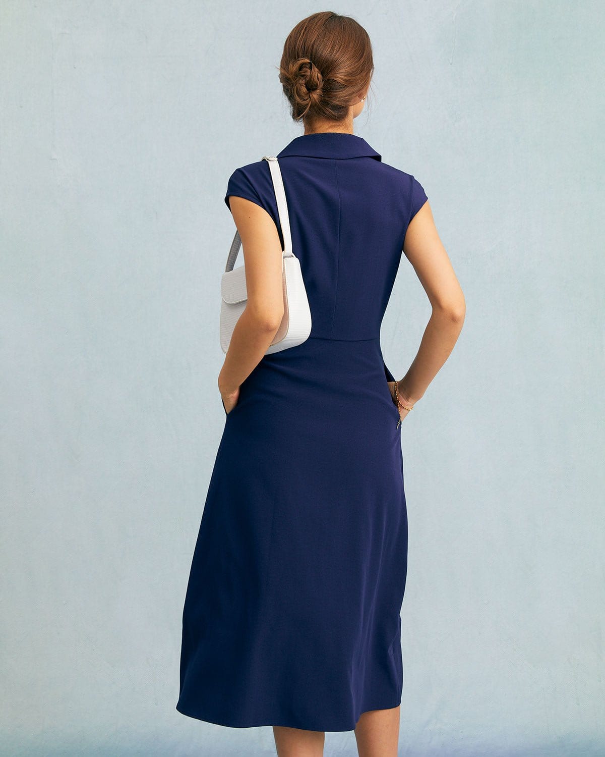 The Navy V Neck Button Cap Sleeve Midi Dress - Threadford