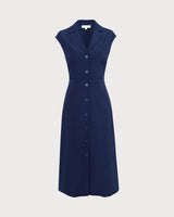 The Navy V Neck Button Cap Sleeve Midi Dress - Threadford
