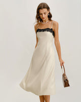 White Lace Contrasting Slip Midi Dress - Threadford