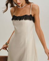 White Lace Contrasting Slip Midi Dress - Threadford