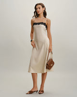 White Lace Contrasting Slip Midi Dress - Threadford