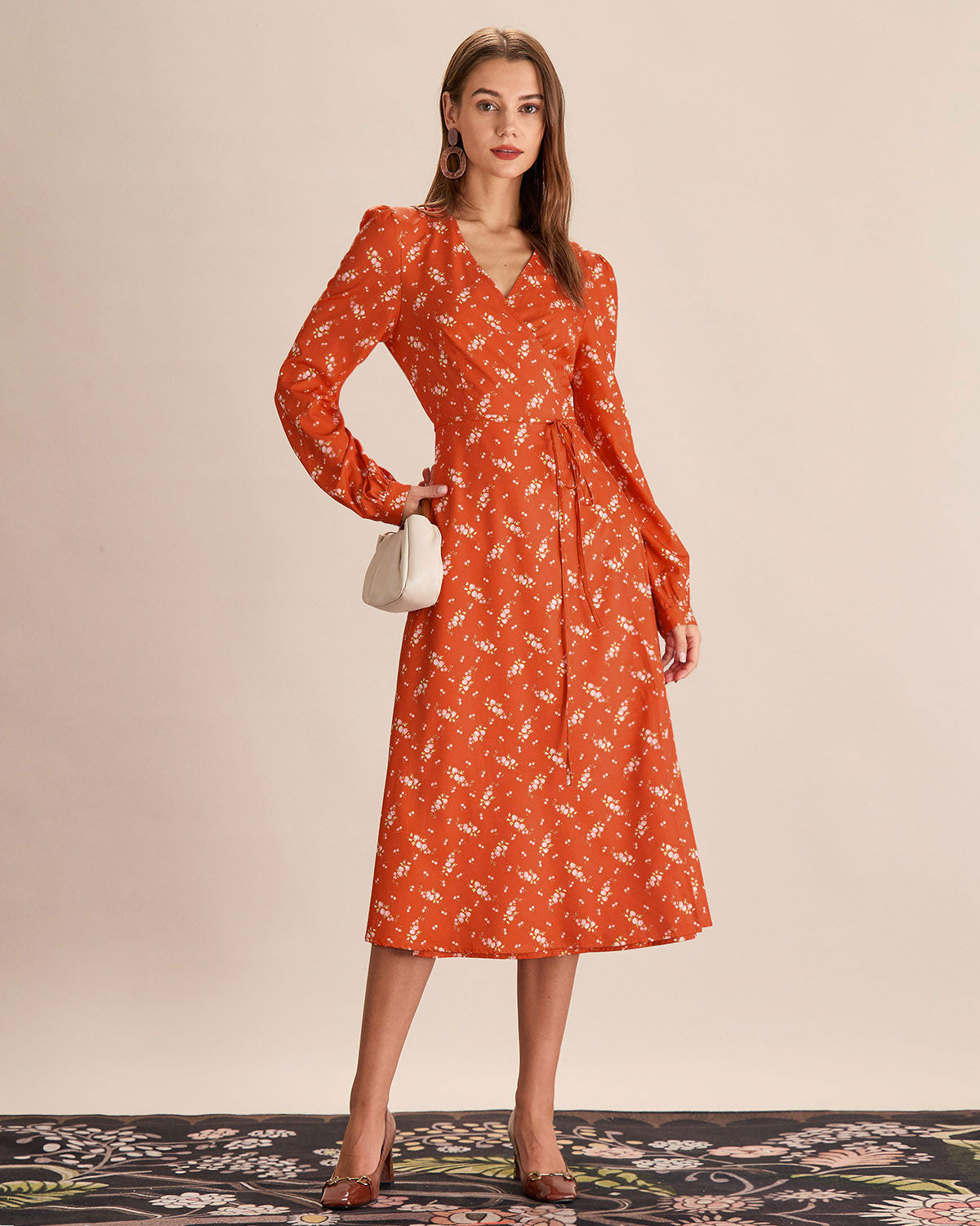 Orange Floral Wrap Midi Dress - Threadford