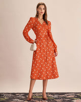 Orange Floral Wrap Midi Dress - Threadford