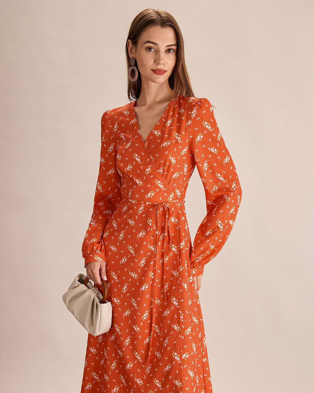Orange Floral Wrap Midi Dress - Threadford