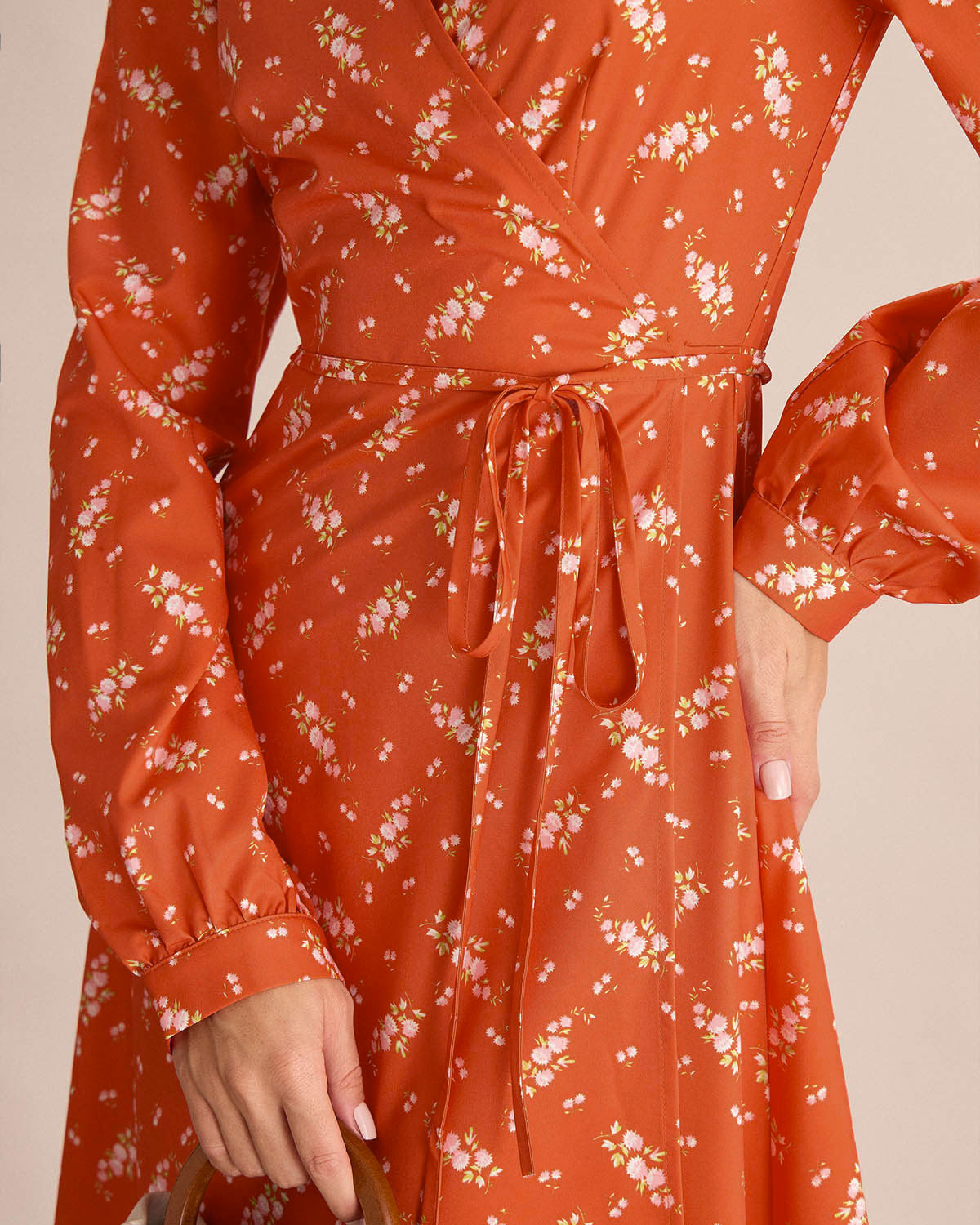 Orange Floral Wrap Midi Dress - Threadford