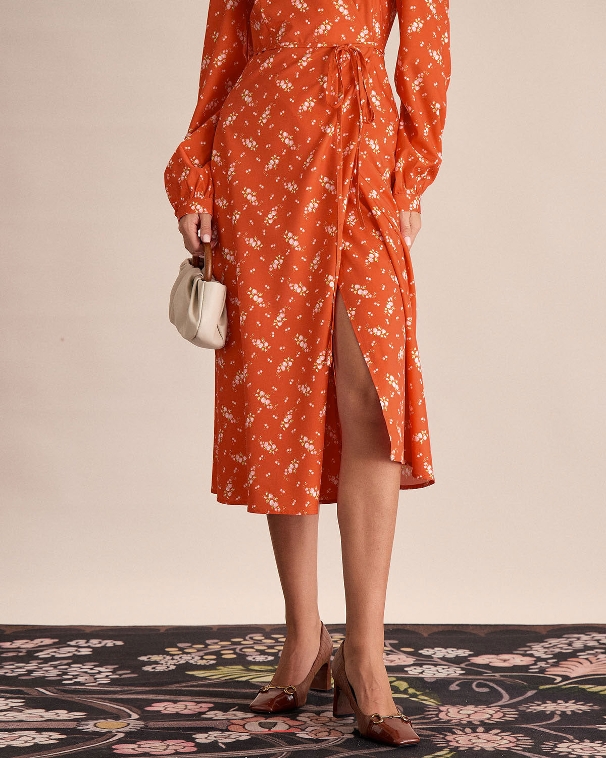 Orange Floral Wrap Midi Dress - Threadford
