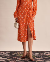 Orange Floral Wrap Midi Dress - Threadford