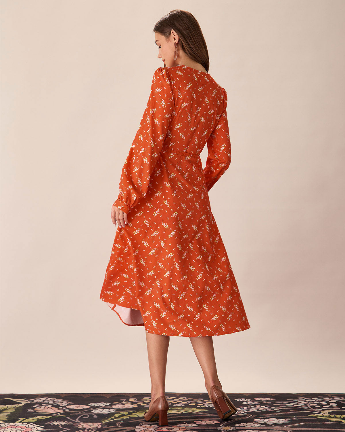 Orange Floral Wrap Midi Dress - Threadford