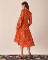 Orange Floral Wrap Midi Dress - Threadford